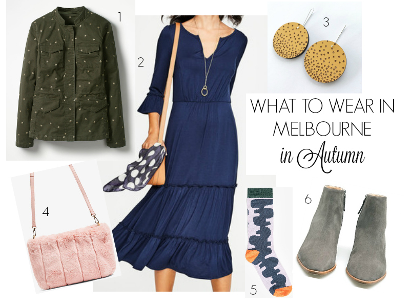 What to wear in Melbourne in autumn - navy dress, khaki jacket
