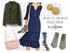 What to wear in Melbourne in autumn - navy dress, khaki jacket